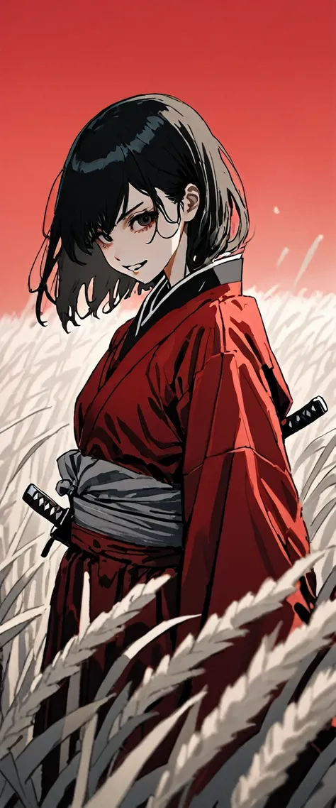 A slim young maiden dressed in a samurai uniform of shiny scarlet silk。Messy long black hair。 White Wheat Field。A world of thick fog,。Bust Shot。Dark Eyes。clothes are blowing in the wind。Grin。Katana on the waist。Stylish pose。Many small lanterns are floating...