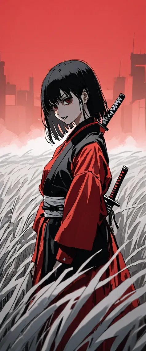 A slim young maiden dressed in a samurai uniform of shiny scarlet silk。Messy long black hair。 White Wheat Field。A world of thick fog,。Bust Shot。Dark Eyes。clothes are blowing in the wind。Grin。Katana on the waist。Stylish pose。Many small lanterns are floating...