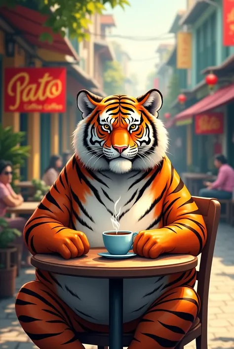 Capital Letter Logo " PATO COFFEE " image of a fat tiger drinking coffee in Hanoi - Vietnam