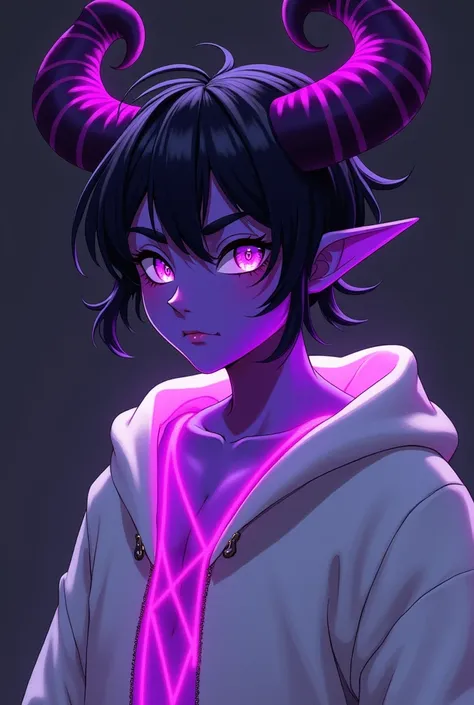 THE PURPLE DEMON ANIME Black horns with purple neon stripes white boy Cool man with sweater