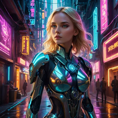 A stunning blond goddess, a paragon of beauty and power, standing in a futuristic alley bathed in the glow of neon lights and shrouded in a dark, atmospheric haze. Her attire is a masterful blend of transparency and intricate mechanical details, revealing ...