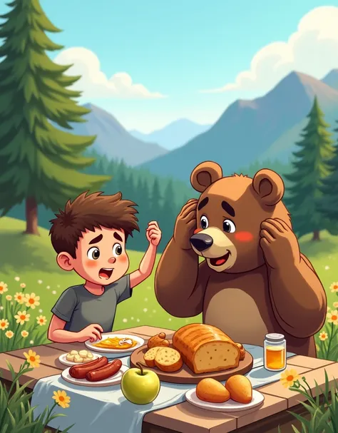 A cartoon depicting a boy taking a selfie with a bear while camping in the mountains，The expression on his face。Bear is wiping his forehead，It means it is sweating because of the heat。It is wolfing down a pile of food - sausages.、cheese、Potato、pear、apple、B...