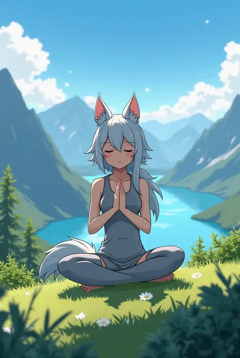 A anime wolf girl on a mountain doing yoga