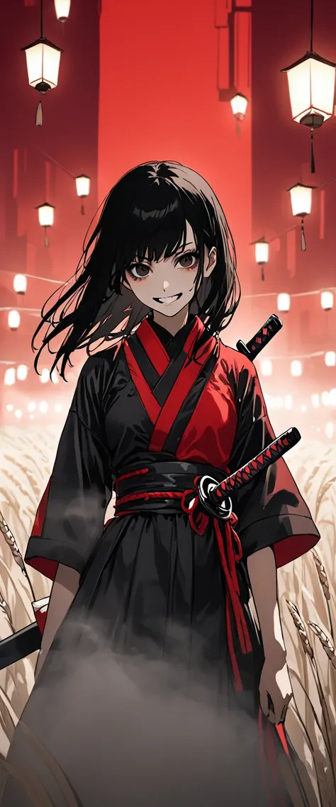 A slim young maiden dressed in a samurai uniform of shiny scarlet silk。Messy long black hair。 White Wheat Field。A world of thick fog,。Bust Shot。Dark Eyes。clothes are blowing in the wind。Grin。Katana on the waist。Stylish pose。Many small lanterns are floating...