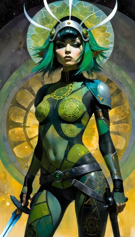 1girl, alone, MANdALA fractal black and green body paint, sexy, multicolored hair galactic soldier holding a galactic mandala gray sword with both hands, mandala helmet and ready to attack aggressively, ZZZ, ZENLESSZONEZERO, art inspired by Bill Sienkiewic...