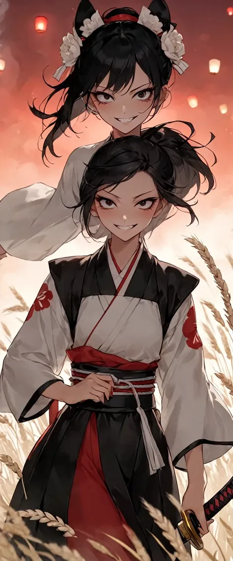 A slim young maiden dressed in a samurai uniform of shiny scarlet silk。Messy long black hair。 White Wheat Field。A world of thick fog,。Bust Shot。Dark Eyes。clothes are blowing in the wind。Grin。Katana on the waist。Stylish pose。Many small lanterns are floating...