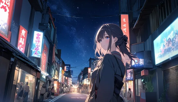 A woman looking at the Tokyo night view in Kawagoe,Night starry sky,Streetscape、listen to music、Japanese