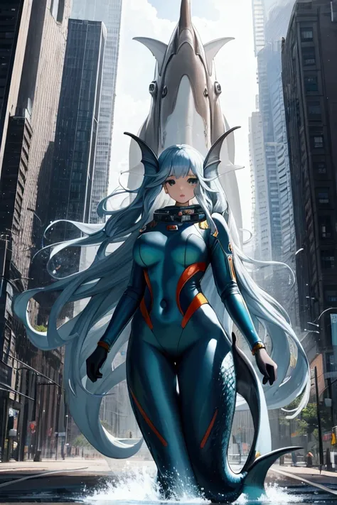 Full-length portrait of a dolphin-faced mermaid wearing a space suit　Burning cityscape in the background