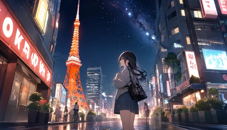 A black-haired woman looking at Tokyo Tower,Night starry sky,Streetscape、listen to music、Japanese