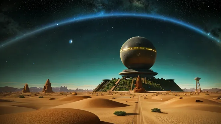 Create a sci-fi landscape featuring a vast desert with towering rock formations. The scene is viewed through a large, industrial metal frame, suggesting a futuristic structure or doorway. In the background, a massive, detailed planet with intricate surface...