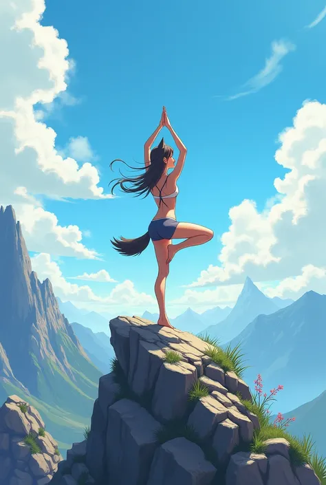 A anime wolf girl on a rock top of a mountain doing yoga