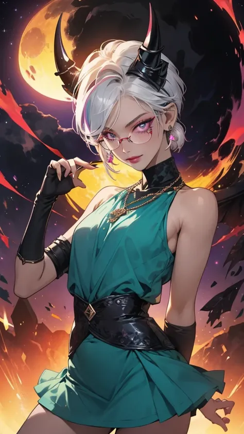 8k, masterpiece, best quality, highly detailed, 1 girl, tiefling, warlock, pixie cut, multicolored hair, very short straight hair red highlight hair on white hair, strippled hair, wearing glasses, round glasses, earrings, navel piercing, red eyeshadow, lon...