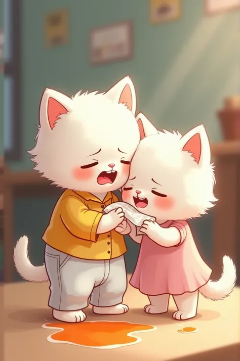 
 A adorable white kitten in a yellow shirt and white pants is mortified after getting orange stains on their pants in school. Overcome with shame, they burst into tears. Luckily, a kind and gentle white kitten in a pink dress comes to the rescue, using ti...