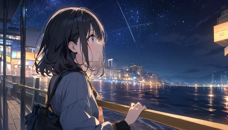 A black-haired woman looking at the night view of Yokohama from the sea,Night starry sky,Streetscape、listen to music、Japanese