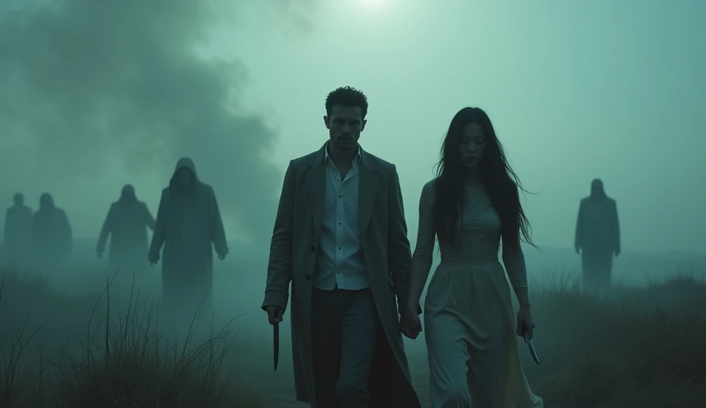 A movie scene of people coming back to life after death to kill their murderers. The land is filled with smoke. In the foreground, mans and womans are standing. The woman is holding a knife. The background is filled with ghostly figures.Less