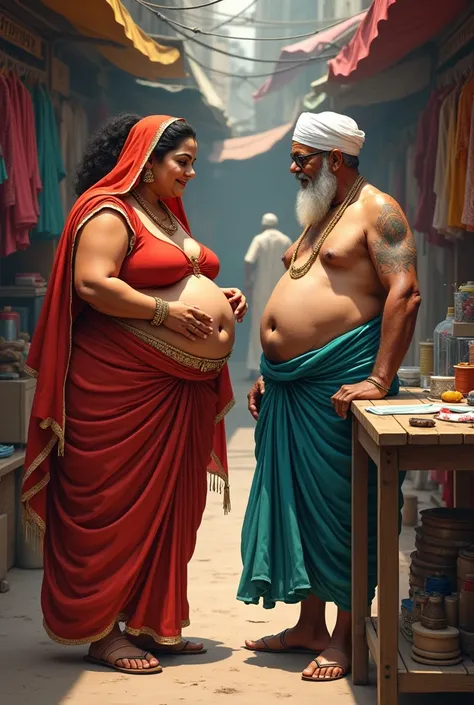 A Indian curvy bhabhi ,very big boobs ,very big ass and giving her body measurements to a Indian old muslim tailor man on his desi indian style tailor shop, tailor man weared a muslim lungi ,white baniyan,and white topi