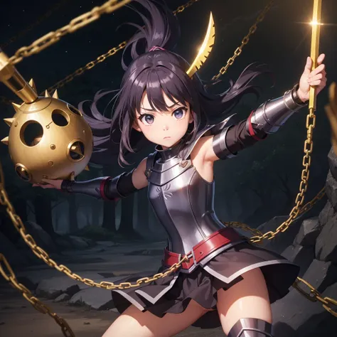 最high quality、high quality、Simple Cloth Armor、１０Year-old girl adventurer、Equipped with a weapon that has a short chain at the end of a stick and a spiked iron ball at the end of the chain、In a dark maze