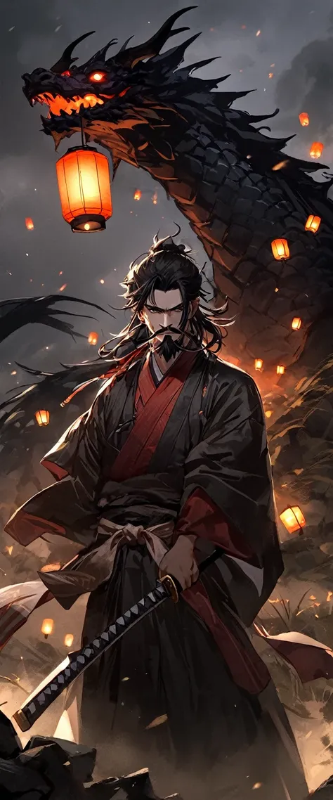 Scarlet Silk Ronin Costume。A world of thick fog,Wheat field。Close up on face。。Dark Eyes。clothes are blowing in the wind。Grin。Katana on the waist。Stylish pose。Many small lanterns are floating。Mustache。Beard。Messy long black hair。 A thin young ronin stands o...