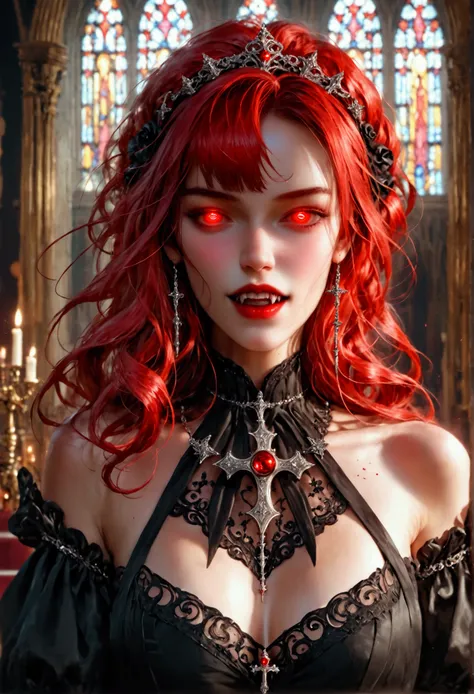 Arafed, dark fantasy art, glamour shot, award winning shot, photorealistic, a portrait of a female vampire drinking a ((glass of blood)), red hair, dynamic hair style , long hair, red lips, (glowing eyes: 1.5), dynamic eye color, dynamic color, she wears, ...