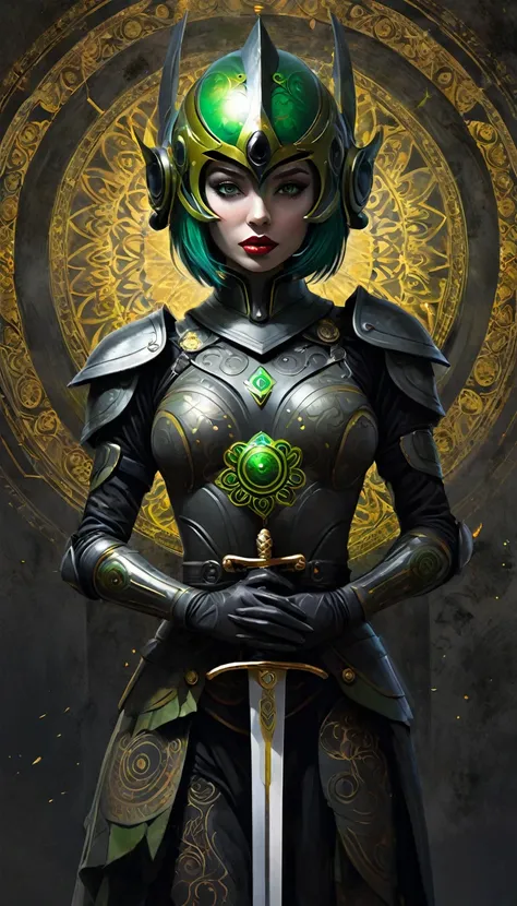 1girl, alone, MANdALA fractal black and green body paint, sexy, multicolored hair galactic soldier holding a galactic mandala gray sword with both hands, mandala helmet and ready to attack aggressively, ZZZ, ZENLESSZONEZERO, (best quality, 4k, 8k, high res...