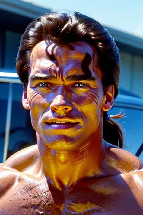 The facial features 《A young Arnold Schwarzenegger from Conan&#39;s time》It&#39;s similar to。Full body portrait。A human-like race called Ogres, characterized by their sharp grey eyes with long vertical pupils.。Age: 2, skin is young、Sunburned skin and many ...