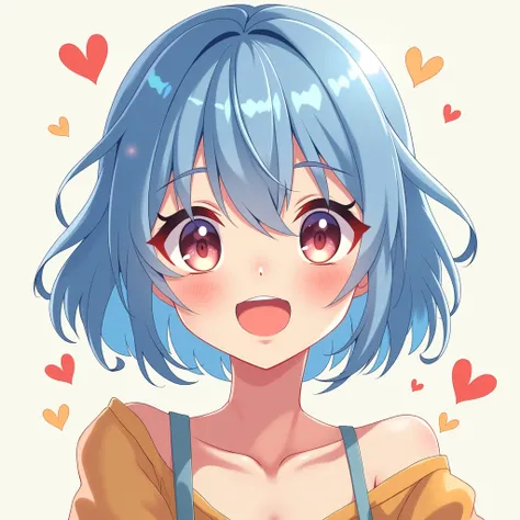 smile, Anime Style, Character portrait, Florist,Shiny Hair, Bob Hair, Eyes are symbols, Blue Hair/Light blue hair, 