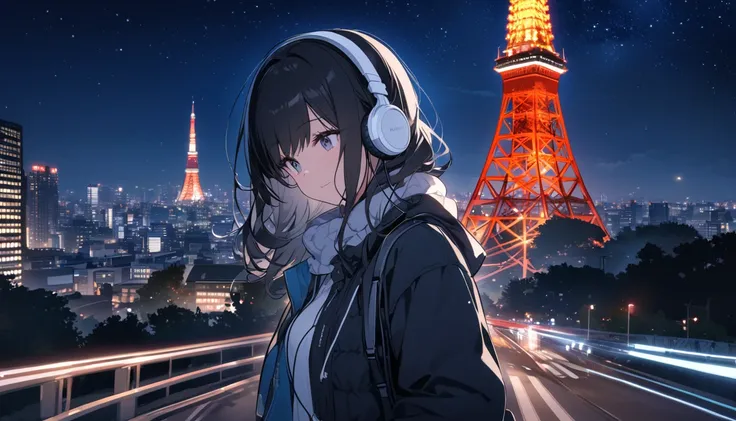 A black-haired woman facing forward with Tokyo Tower in the background,Night starry sky,Streetscape、Listening to music with headphones、Japanese