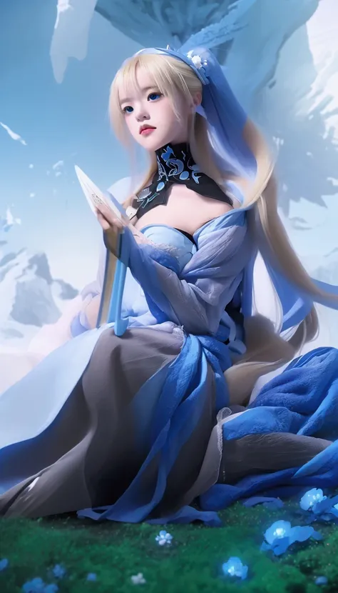  The image features a fantasy anime character, a woman with blonde hair, wearing a blue and white outfit, sitting on a blue and white throne, holding a sword, surrounded by blue and white elements. Best Quality, masterpiece, highres.