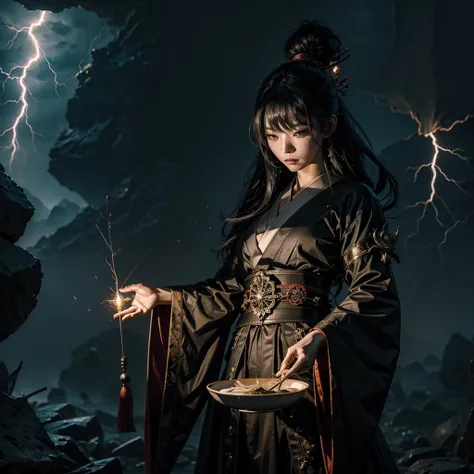 
a Japanese sorceress casting a magical ritual with lightning and sinister and surreal presences