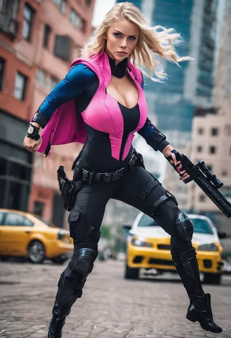 young woman. blonde. for the.long. blue eyes. as a superhero. Black and pink fitted suit. very big breasts. Very muscular. Armed with two huge tactical pistols. action pose. Urban mafia combat scenario