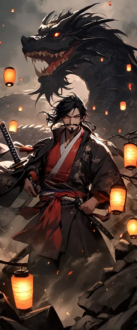 Scarlet Silk Ronin Costume。A world of thick fog,Wheat field。Close up on face。。Dark Eyes。clothes are blowing in the wind。Grin。Katana on the waist。Stylish pose。Many small lanterns are floating。Mustache。Beard。Messy long black hair。 A thin young ronin stands o...