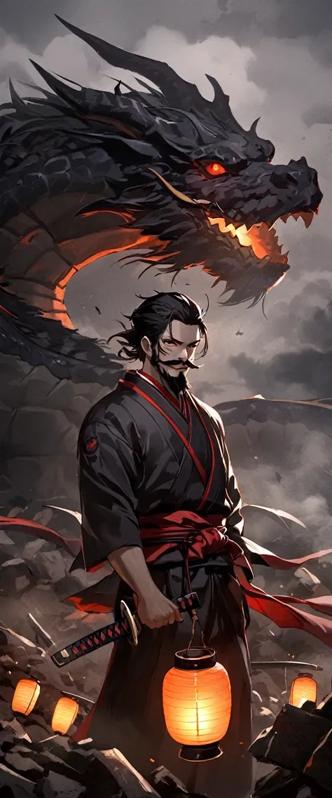 Scarlet Silk Ronin Costume。A world of thick fog,Wheat field。Close up on face。。Dark Eyes。clothes are blowing in the wind。Grin。Katana on the waist。Stylish pose。Many small lanterns are floating。Mustache。Beard。Messy long black hair。 A thin young ronin stands o...