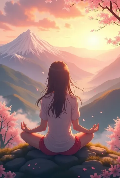 Anime girl doing yoga on mountain top