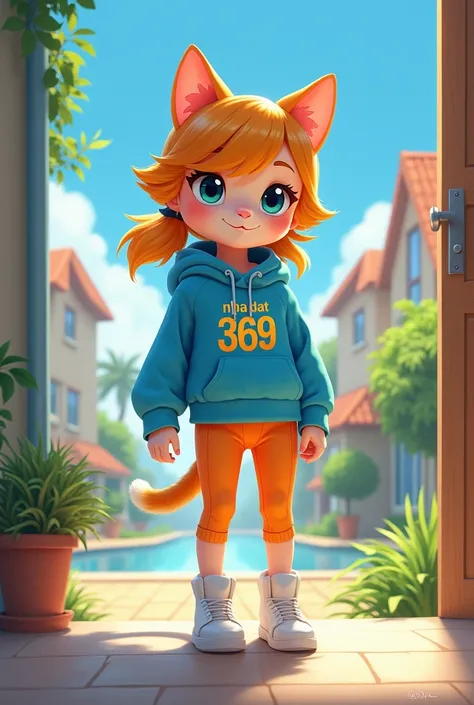 Give me a full body photo of a girl, she wears activewear, personality blue white and orange, on the clothes there is Vietnamese writing " Nha Dat 369 " , her face is a cute cat face, she is going to see the house