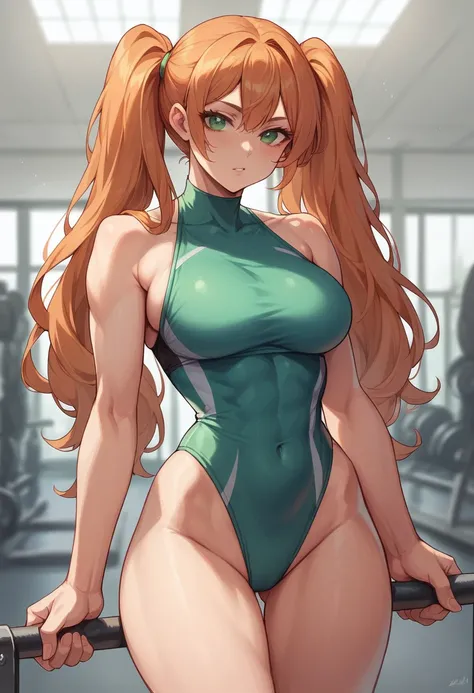 1girl, big boobs, sexy, horny, green eyes, orange long hair pigtails, standing in sexy pose, wearing fitness costume, gym background
