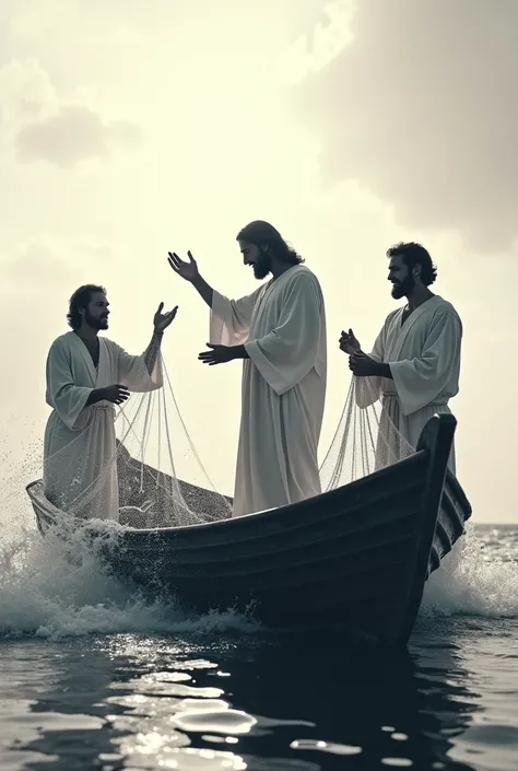 Jesus with peter and his brother on a boat catching many fishes, high quality, 8K Ultra HD, crisp lines, The background is monochrome, sharp focus, double exposure, awesome full color,