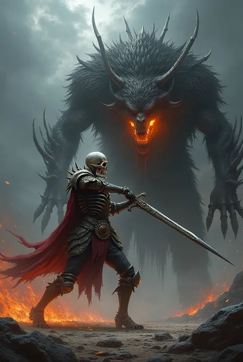 Create a man in skeleton armor with a head with fire details with a large sword fighting a monster half wolf and half cyclops