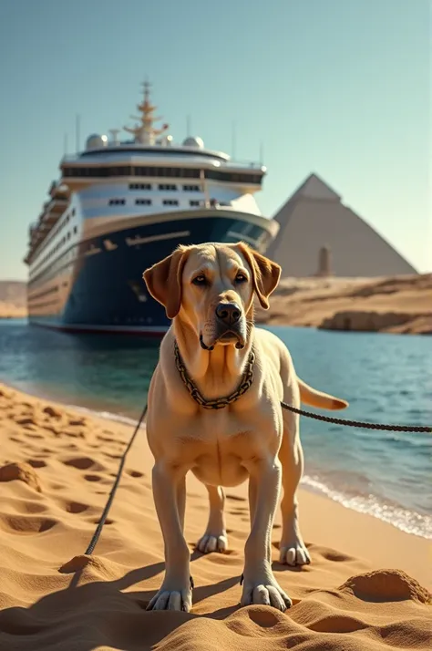 Photorealism 4k 16/9 ( A labrador pulls a cruise ship along the Nile ) ( In the distance the sphinx observes the scene)