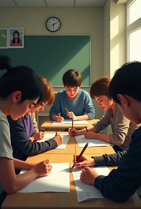 People cheating in a test like a domino looking to each others papers