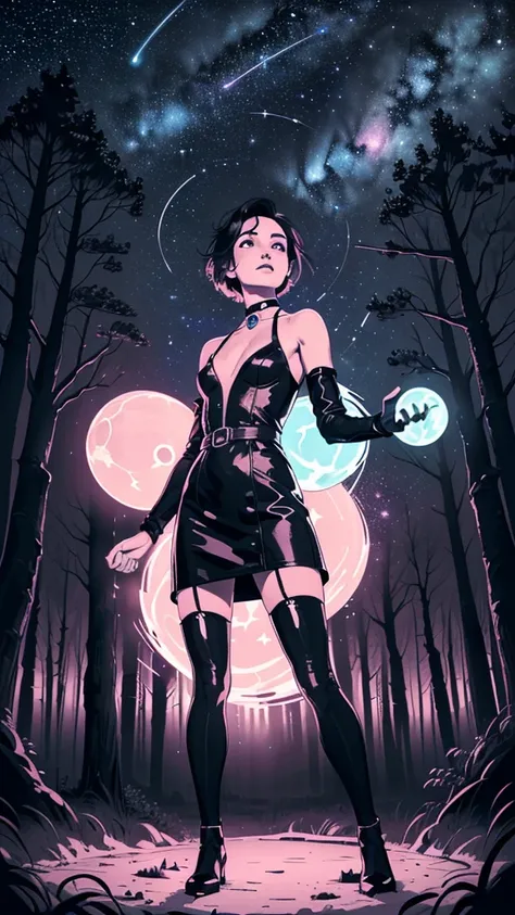 one girl, solo, slender body, fit body, (bust:1.3), (black eyes:1.3), black hair, (short hair:1.2), masterpiece, highly detailed, look at viewer, (look from below, below view:1.3), (leather dress, choker:1.4), (long exposure starry sky with many circular o...