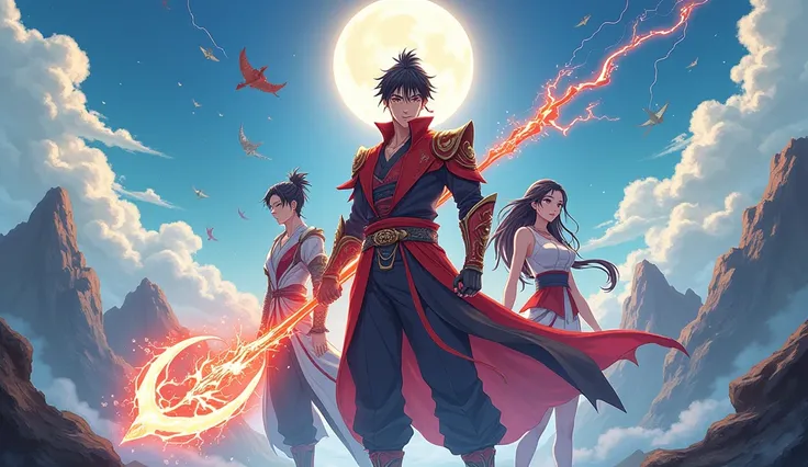 Chinese web novel main character poster anime style man hero with ancient dragon carp weapon pet animal and beautiful girl his weapon will create lightening poster type is manhwa anime. post must have text on it text [Chinese web novel main character poste...