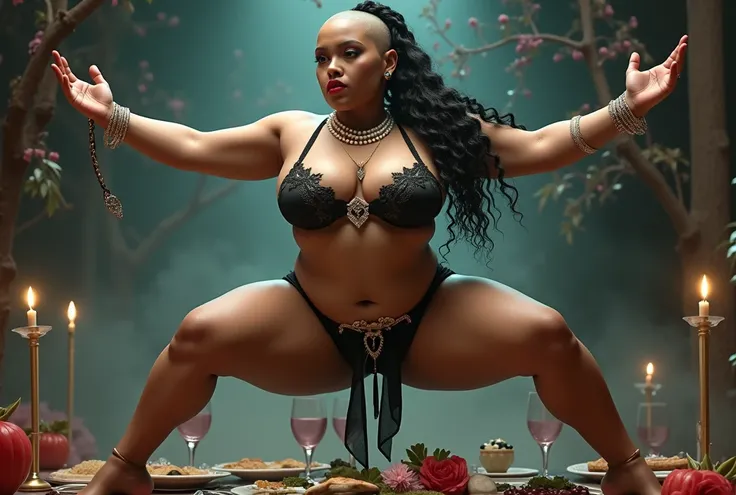 Slightly fat, super plump, Very plump, pearls necklace, Ring in the nose, 耳Nipple Ring, Anklets, Thick lips, black-skinned, Crystal heels, leather whip, bald head smooth, The expression is pompous, Heart-shaped bra, red colour, Pink clothes, Tight clothing...