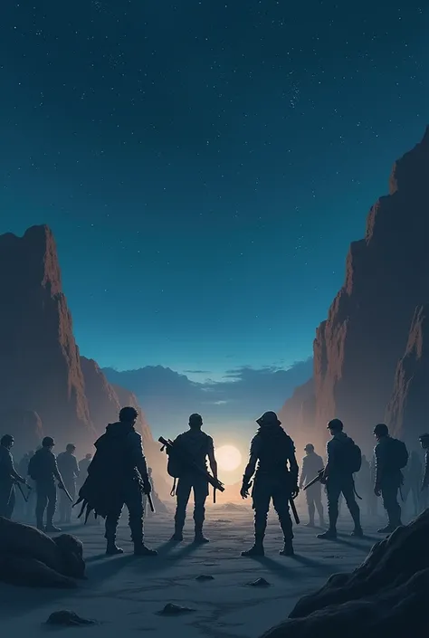 Create an illustration of the tension between 2 groups of survivors in the middle of a cold desert at night from afar