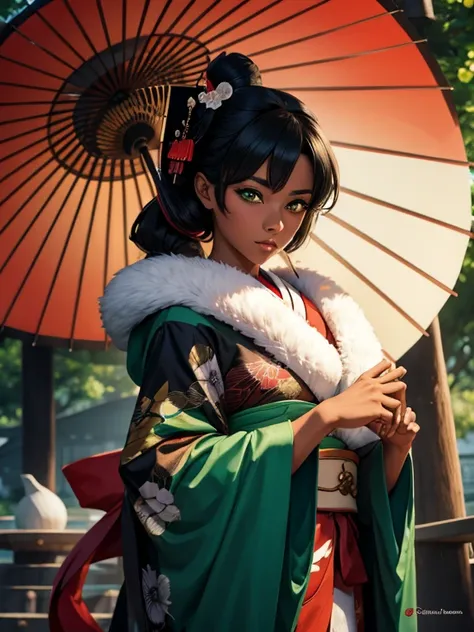 anime Dark-skinned geisha with green eyes and umbrella, fan