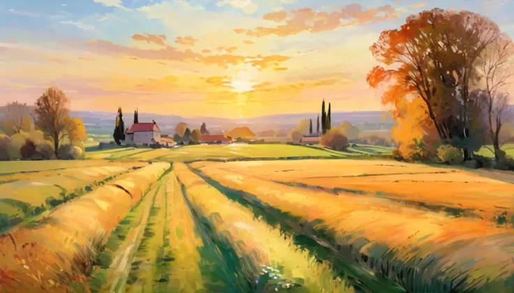 A serene countryside landscape during golden hour, with soft, painterly brushstrokes capturing the warm light and gentle colors, inspired by the works of Claude Monet and Pierre-Auguste Renoir.