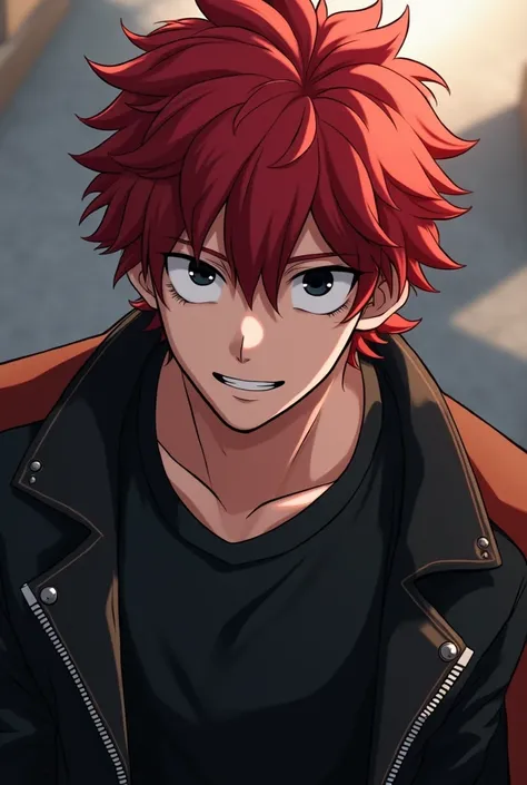 a high school boy, elegant, perfect body, Red hair, short hair, black eyes mullet, expressionless, black shirt, black jacket, cheered up, first person view, my hero academic art style, masterpiece, anatomically correct, High details, High resolution, Best ...