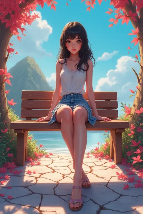 A pretty girl sits on a bench around a lot of cracks, Beautiful, bright colors, Picture