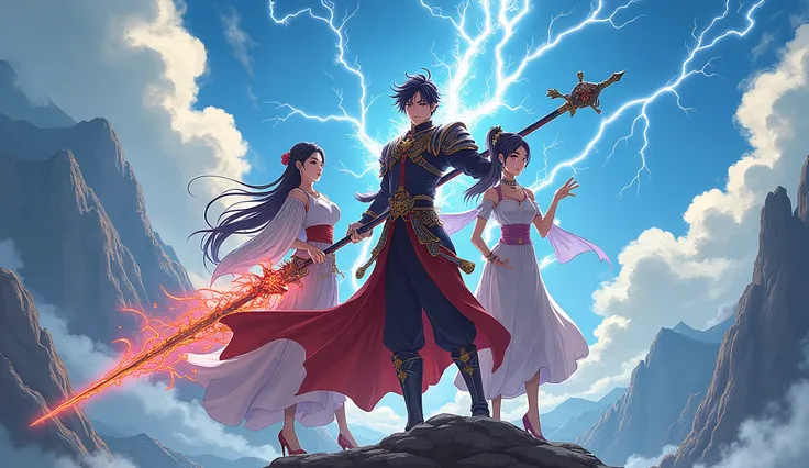 Chinese web novel main character poster anime style man hero with ancient dragon carp weapon pet animal and beautiful girl his weapon will create lightening poster type is manhwa anime. post must have text on it text [Chinese web novel main character poste...