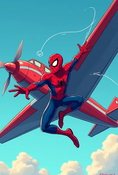 Cartoon spiderman using webshooter with red and blue  plane  background 