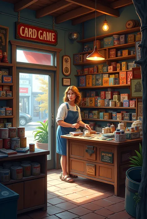 Create an image of small card game shop, realistic